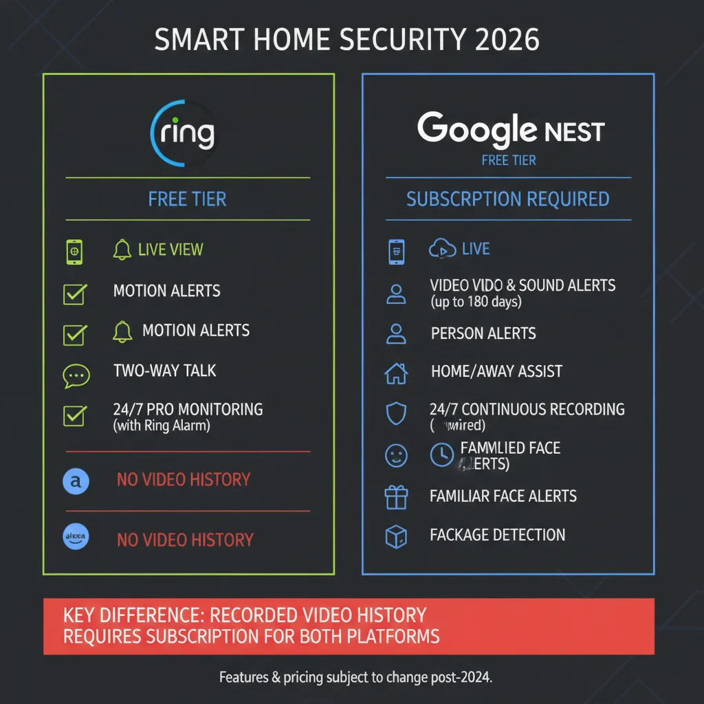 Comparison of Ring and Nest free tier features versus subscription features, showing what is available without paying and what requires a monthly fee in 2026