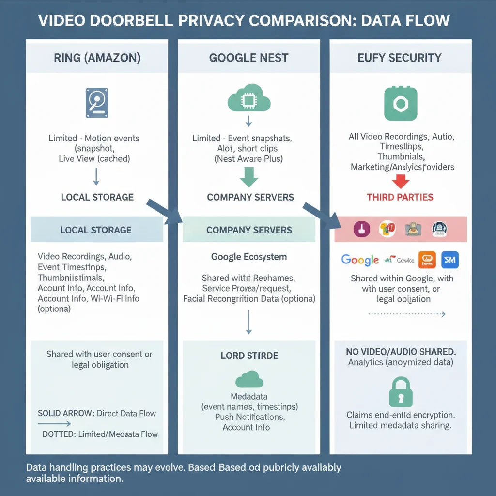 Privacy comparison diagram showing data flow for Ring, Google Nest, and Eufy video doorbells, including what is stored locally versus what is sent to company servers and shared with third parties
