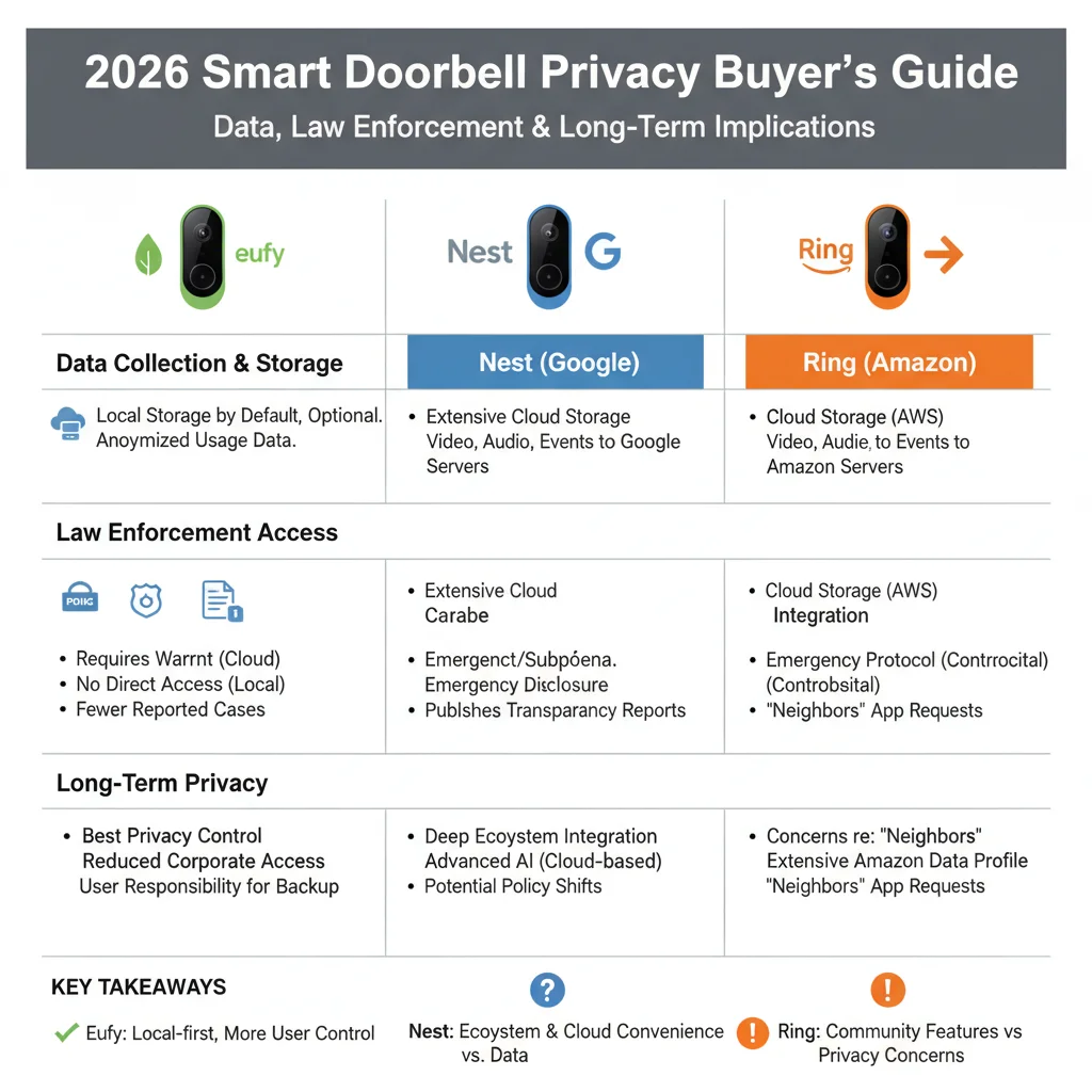 Privacy decision guide for 2026 video doorbell buyers comparing Eufy, Nest, and Ring on data collection, law enforcement access, and long-term privacy implications